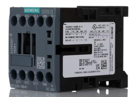 Siemens SIRIUS Innovation 3RT2 Contactor, 24 V dc Coil, 3 Pole, 7 A, 3 kW, 3NO