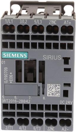 Siemens SIRIUS Innovation 3RT2 Contactor, 24 V dc Coil, 3 Pole, 9 A, 4 kW, 3NO