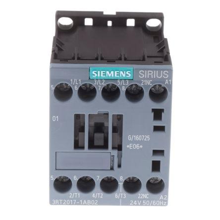 Siemens SIRIUS Innovation 3RT2 Contactor, 24 V ac Coil, 3 Pole, 12 A, 5.5 kW, 24 V ac Control, 11A Load, 3NO