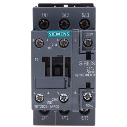 Siemens SIRIUS Innovation 3RT2 Contactor, 230 V ac Coil, 3 Pole, 17 A, 7.5 kW, 3NO