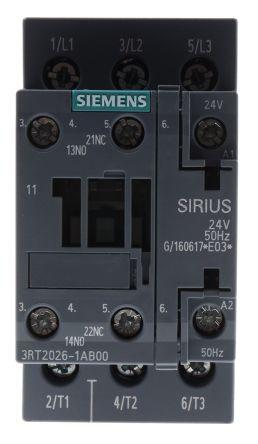 Siemens SIRIUS Innovation 3RT2 Contactor, 24 V ac Coil, 3 Pole, 25 A, 11 kW, 3NO