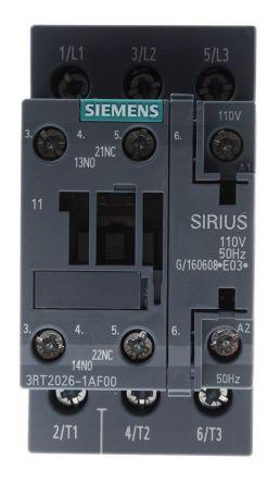 Siemens SIRIUS Innovation 3RT2 Contactor, 110 V ac Coil, 3 Pole, 25 A, 11 kW, 110 V Control, 22A Load, 3NO