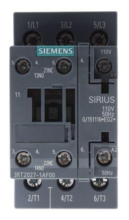 Siemens SIRIUS Innovation 3RT2 Contactor, 110 V ac Coil, 3 Pole, 32 A, 15 kW, 3NO