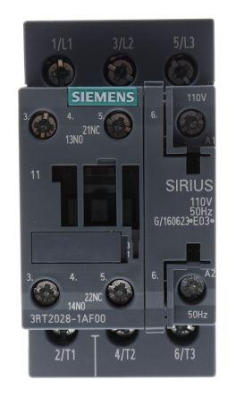 Siemens SIRIUS Innovation 3RT2 Contactor, 110 V ac Coil, 3 Pole, 38 A, 18.5 kW, 3NO