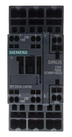 Siemens SIRIUS Innovation 3RT2 Contactor, 110 V ac Coil, 3 Pole, 38 A, 18.5 kW, 3NO