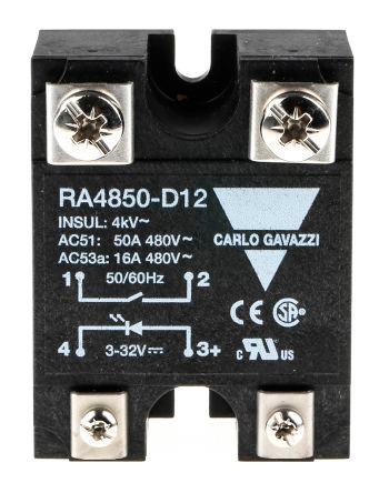 Carlo Gavazzi RA 48 Series Solid State Relay, 50 A Load, Panel Mount, 530 V ac Load, 32 V dc Control, RA4850-D12