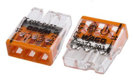 WAGO 2273 COMPACT PUSH WIRE Series Junction Box Connector, 3-Way, 24A, 20 - 16 AWG Wire, Push-In Termination