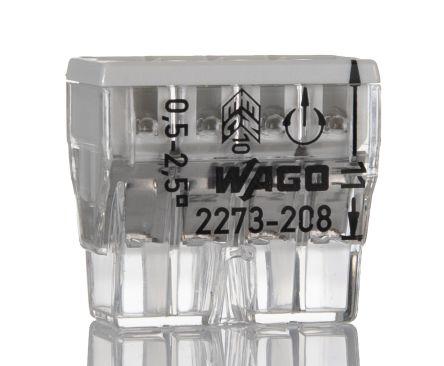 WAGO 2273 COMPACT PUSH WIRE Series Junction Box Connector, 8-Way, 24A, 20 - 16 AWG Wire, Push-In Termination